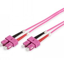 Pink network cable with two SC connectors on both ends. View on a white background.