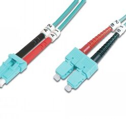 Green duplex cable with LC and SC connectors, close-up of cable details.