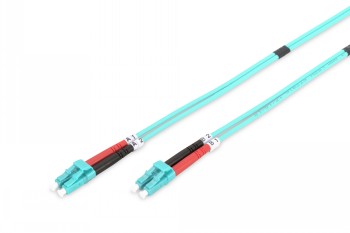 Light blue Digitus duplex LC-LC multimode fiber optic cable, 1-meter length.