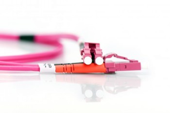 Digitus FO Patch Cord LC-LC duplex fiber optic cable, 1 m, OM4 Pink duplex fiber optic cable with LC connectors and a white label, against a white background.