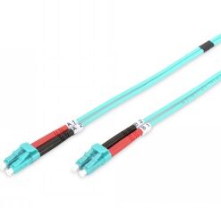 Two turquoise fiber optic network cables with LC connectors at the ends. The cables are 2 meters long and placed on a light background...