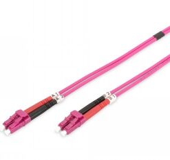 Digitus FO Patch Cord, Duplex LC-LC MM OM4, 2 m, network cable Pink duplex LC-LC network FO cables, 2 meters in length, on a white background.