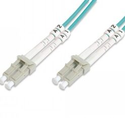 Light blue duplex network cables with LC connectors on both ends, white numbering, and a length of 20 meters.