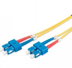 Yellow duplex network cable with blue SC connectors and red-green protective covers.