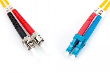 Digitus duplex fiber optic cable with LC-ST connectors, OS2, 2 m Two yellow duplex fiber optic cables with LC and ST connectors, red and blue parts.