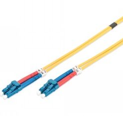 Digitus FO Duplex LC-LC fiber optic cable, 2 meters length, yellow Two yellow LC-LC cables with blue and color-coded connectors on a white background.