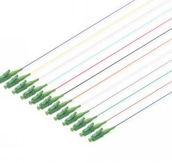 A set of twelve fiber optic terminal cables with green LC connectors, color-coded wires, arranged horizontally.