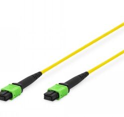 Digitus MPO-MPO fiber optic cable, yellow wires with green connectors Yellow MPO-MPO female connector fiber optic cable with black and green connectors on a white background.