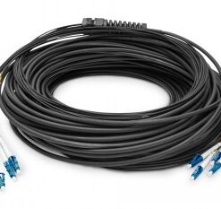 A black twisted network cable with multiple blue and white connectors on both ends.