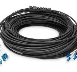 Black optical fiber cable with 12 yellow-blue connectors and black connector structure, rolled view.