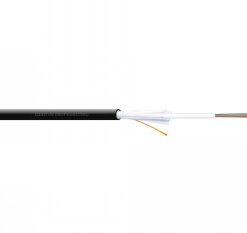 Black-sheathed multimode fiber optic cable, 12 fibers, white core, side view.