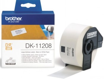 Brother DK11208 large address labels, white roll in the package. Brother DK11208 address label roll, white background and black text, included in the package.