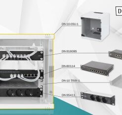 Digitus 10-inch network cabinet with power distribution unit, network switch, cables, and components on display.
