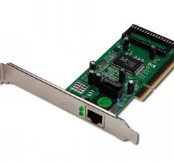 Metallic PCI network card with a green circuit board and an RJ45 port. The card is photographed at an angle.