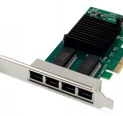 A network card with four RJ45 ports, a hardware bracket, a green circuit board, and a black heatsink.