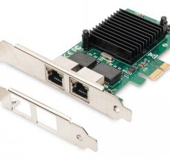 Two-port green Digitus Gigabit Ethernet PCI Express card with metal connections.