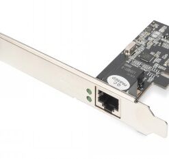 Silver-colored DIGITUS PCI Express card with 2.5 Gigabit Ethernet port, on a black circuit board.