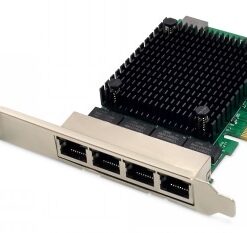 4-port RJ45 network card with a black heatsink and green circuit board.