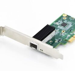PCI Express network card, green circuit board, metallic connector part, and heatsink.