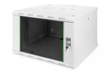 Gray wall-mounted 7U rack with glass door, lock, and without front panel.