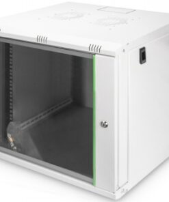 Gray 9U wall-mounted rack cabinet with a glass door, ventilation openings at the top, and symmetrical design.
