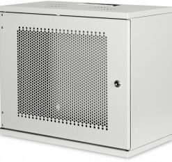 Gray 9U wall-mounted network cabinet, perforated front door, compact rectangular shape.