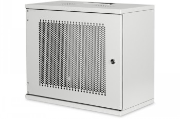 Gray 9U wall-mounted network cabinet, perforated front door, compact rectangular shape.