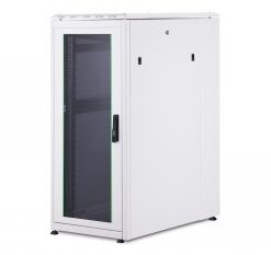 Light grey 26U network cabinet with glass door, metal frame, standing on a white background.