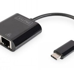 Black Digitus USB-C Gigabit Ethernet adapter with a USB-C connector on one end and an Ethernet port as well as USB-C on the other...