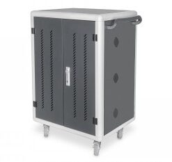 A gray and white charging trolley with four wheels and ventilation slots on the front panel.