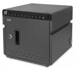 Front view of a black desktop-sized charging cabinet with a lockable door and ventilation slots.