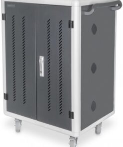 Gray and black Digitus charging cart with wheels, polished frame, and lockable doors.