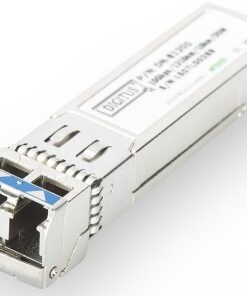 Silver-colored DIGITUS 10G SFP+ module with LC duplex connector and label visible, white background.