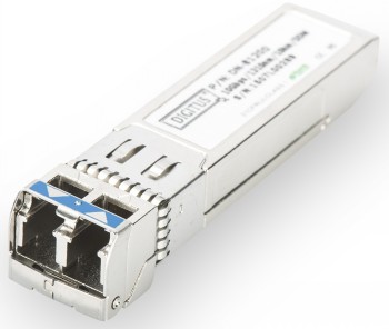 Silver-colored DIGITUS 10G SFP+ module with LC duplex connector and label visible, white background.