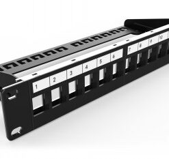 Black 12-port modular patch panel, 1U height, silver numbers, installed at an angle.