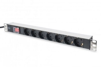 Digitus 1U rack-mounted aluminum PDU, 7 sockets and power switch. 1U aluminum PDU, mounted horizontally, with 7 safety sockets, black and silver metal housing, red power switch.