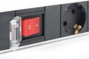 1U PDU power strip, red switch, Digitus network cables Close-up of a black and silver 1U rack-mounted PDU power strip with a red switch and European p...