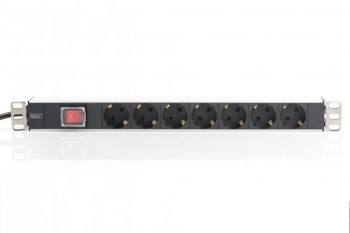 DIGITUS 1U PDU, aluminum frame, 7 safety sockets and power switch 1U aluminum PDU, seven safety sockets, black and silver, power switch on the left.
