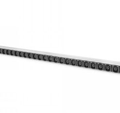 Elongated, metallic IT power distribution unit with 24 C13 and 3 C19 ports, black connector slots, and a three-meter c...