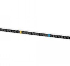 Tall vertical power distribution unit with multiple outlets, black frame, colored details.