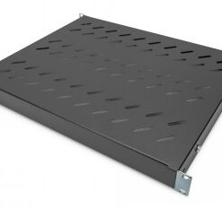 Black metal fixed shelf with ventilation holes. Suitable for 600 mm deep installation cabinets.