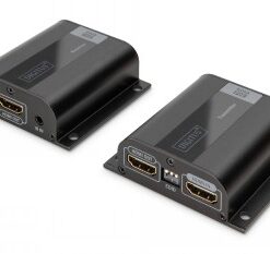 Two black HDMI transmitter-receiver units with HDMI ports featuring gold and silver edges in one image.