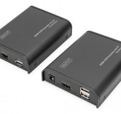 Two black rectangular HDMI KVM network devices on a work surface, both with connection ports.
