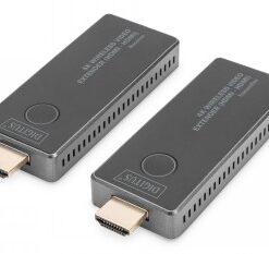 Two black wireless HDMI devices with HDMI connectors and ventilation slots, on a tabletop.