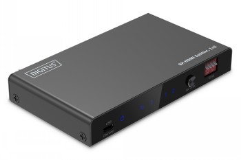 A black rectangular HDMI splitter with visible connectors, buttons, and a Digitus logo.