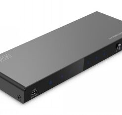 Black Digitus 1x4 HDMI splitter 8K/60 Hz, flat rectangular device with blue LED lights.
