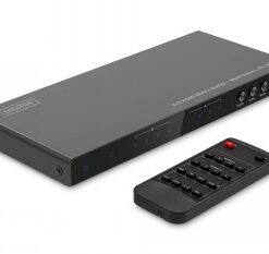 A black HDMI matrix device and a remote control with numbered buttons. The dish has a rectangular shape.