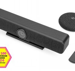 A black DIGITUS 4K All-In-One video bar, a small round microphone, and a remote control on a white background.