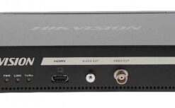 Hikvision DS-6901UDI(C) decoder with HDMI, VGA, and BNC connections A black rectangular Hikvision DS-6901UDI(C) decoder with HDMI, VGA, and BNC connections.
