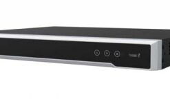 Black and silver HIKVISION M Series NVR recorder, three buttons on the front panel, modern design.